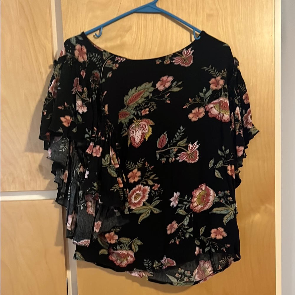 Willow Black and Pink Flutter Sleeve Ruffled Blouse